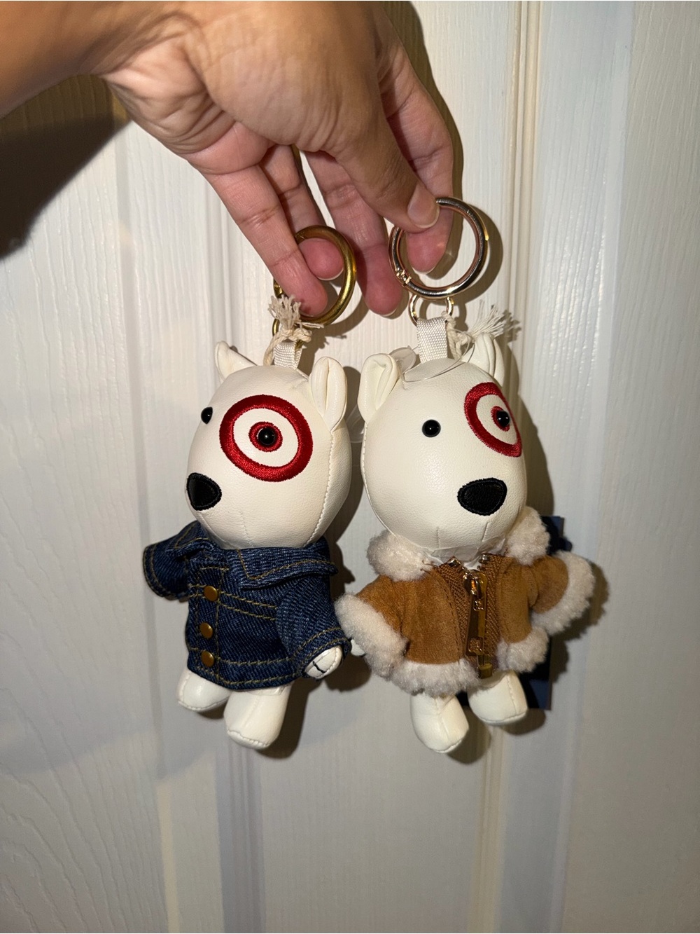 Target Plush Dog Keychain Pair in White with Red, Denim & Tan Outfits